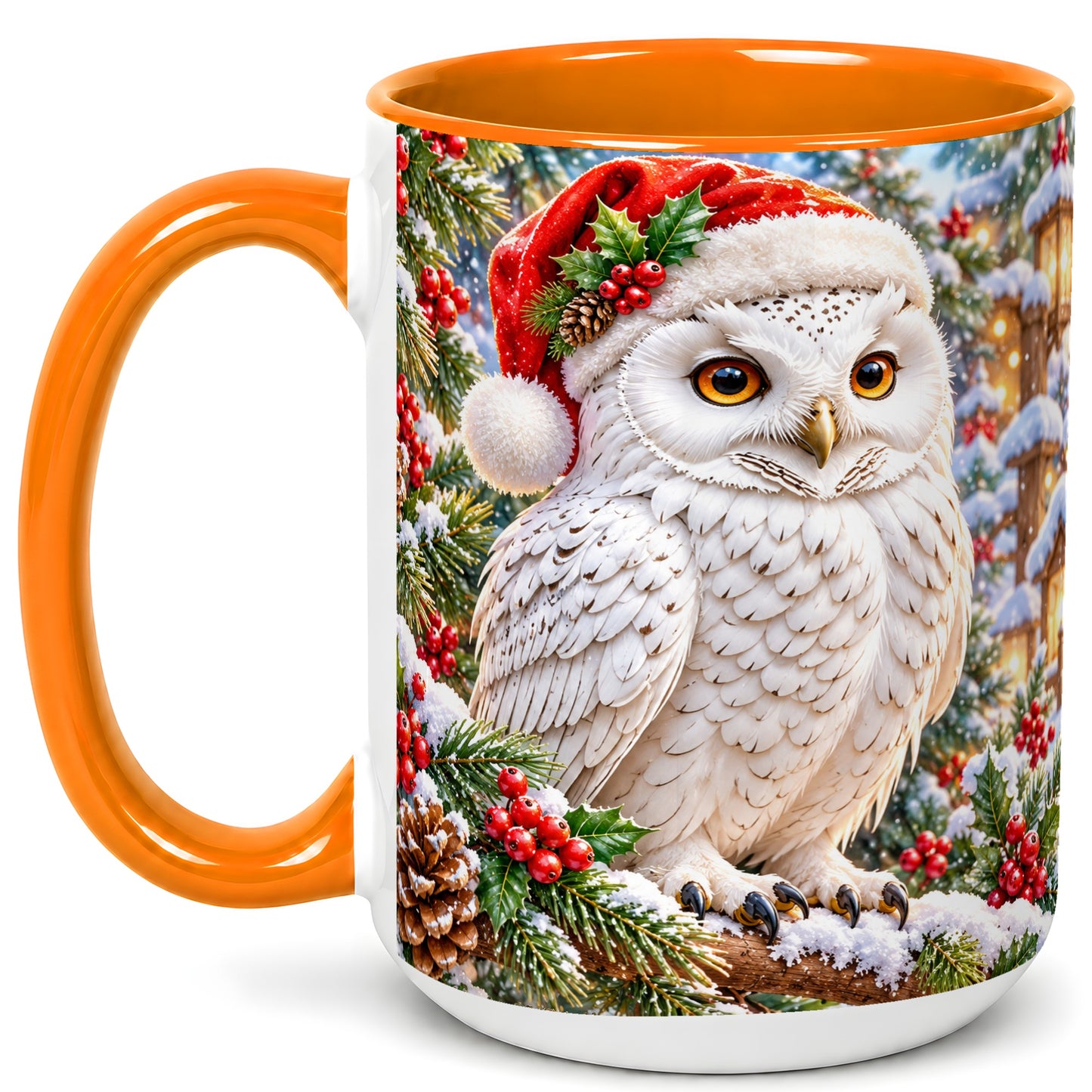 #pl[15oz|Orange] Snowy Village Owl Coffee Mug, Christmas Owl Mug, Ceramic Cup