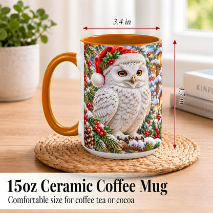 #pl[15oz|Orange] Snowy Village Owl Coffee Mug, Christmas Owl Mug, Ceramic Cup