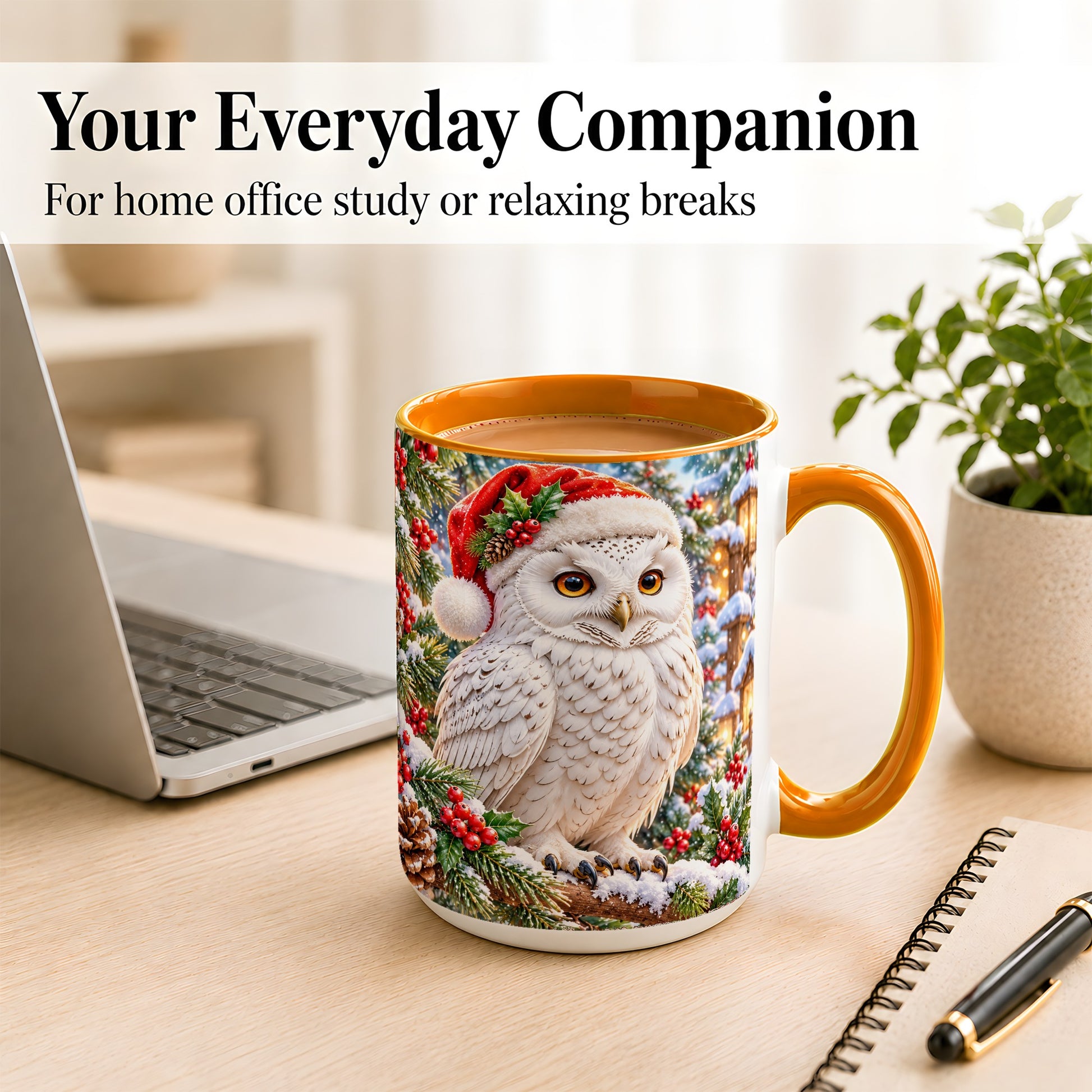 #pl[15oz|Orange] Snowy Village Owl Coffee Mug, Christmas Owl Mug, Ceramic Cup