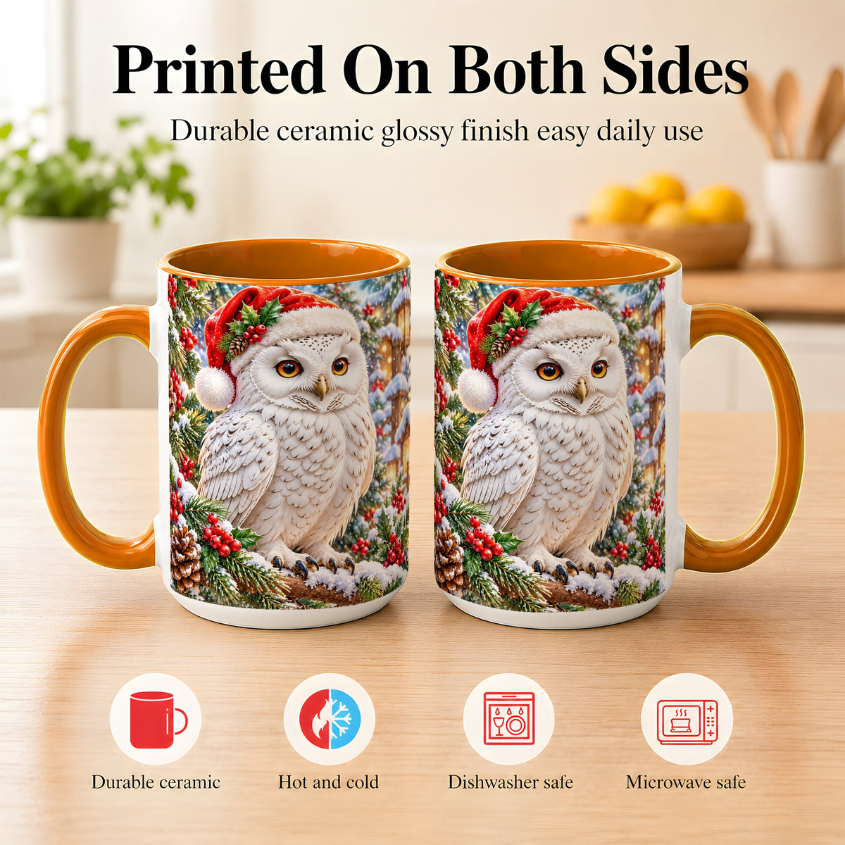 #pl[15oz|Orange] Snowy Village Owl Coffee Mug, Christmas Owl Mug, Ceramic Cup