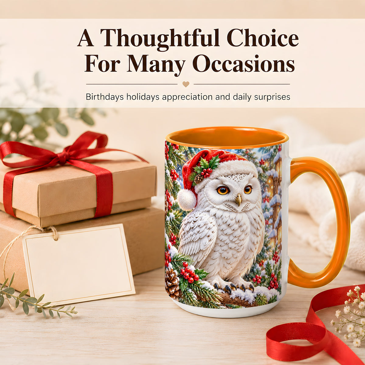 #pl[15oz|Orange] Snowy Village Owl Coffee Mug, Christmas Owl Mug, Ceramic Cup