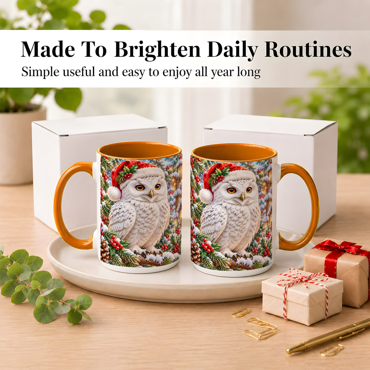 #pl[15oz|Orange] Snowy Village Owl Coffee Mug, Christmas Owl Mug, Ceramic Cup