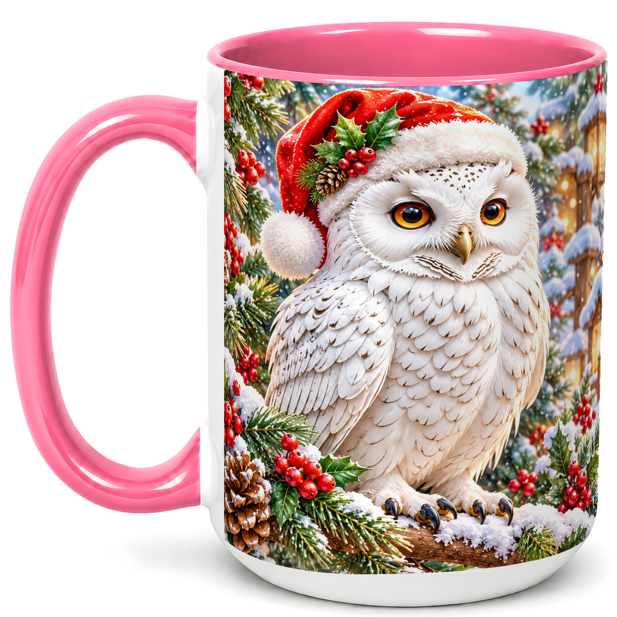 #pl[15oz|Pink] Snowy Village Owl Coffee Mug, Christmas Owl Mug, Ceramic Cup