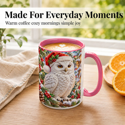 #pl[15oz|Pink] Snowy Village Owl Coffee Mug, Christmas Owl Mug, Ceramic Cup