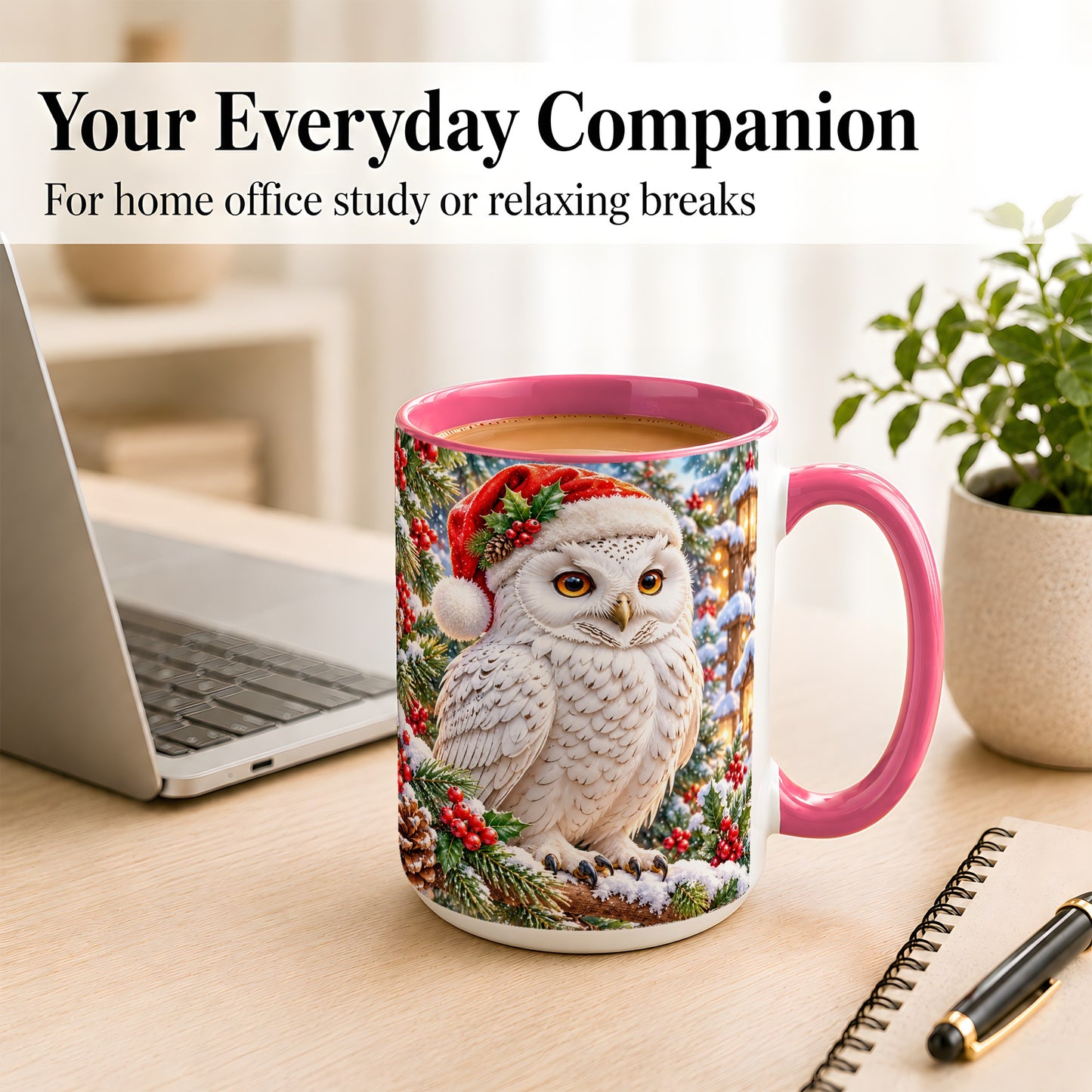 #pl[15oz|Pink] Snowy Village Owl Coffee Mug, Christmas Owl Mug, Ceramic Cup