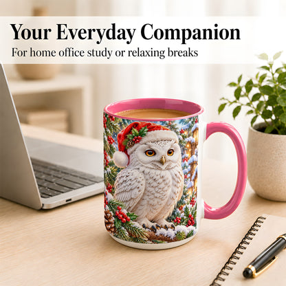 #pl[15oz|Pink] Snowy Village Owl Coffee Mug, Christmas Owl Mug, Ceramic Cup