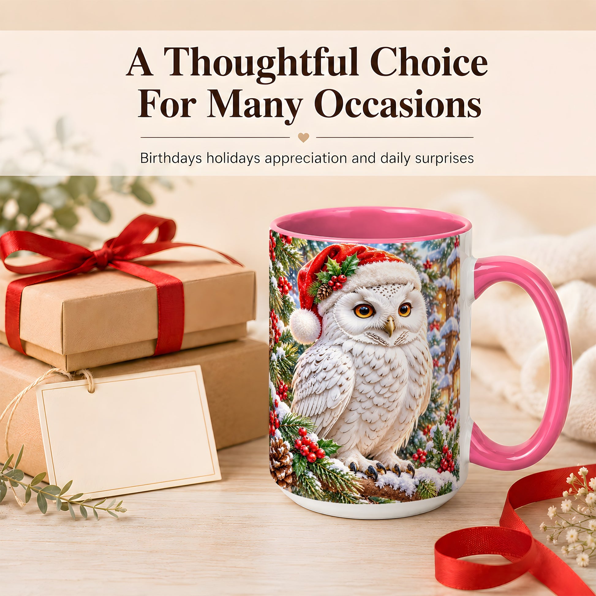 #pl[15oz|Pink] Snowy Village Owl Coffee Mug, Christmas Owl Mug, Ceramic Cup
