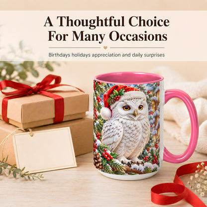 #pl[15oz|Pink] Snowy Village Owl Coffee Mug, Christmas Owl Mug, Ceramic Cup