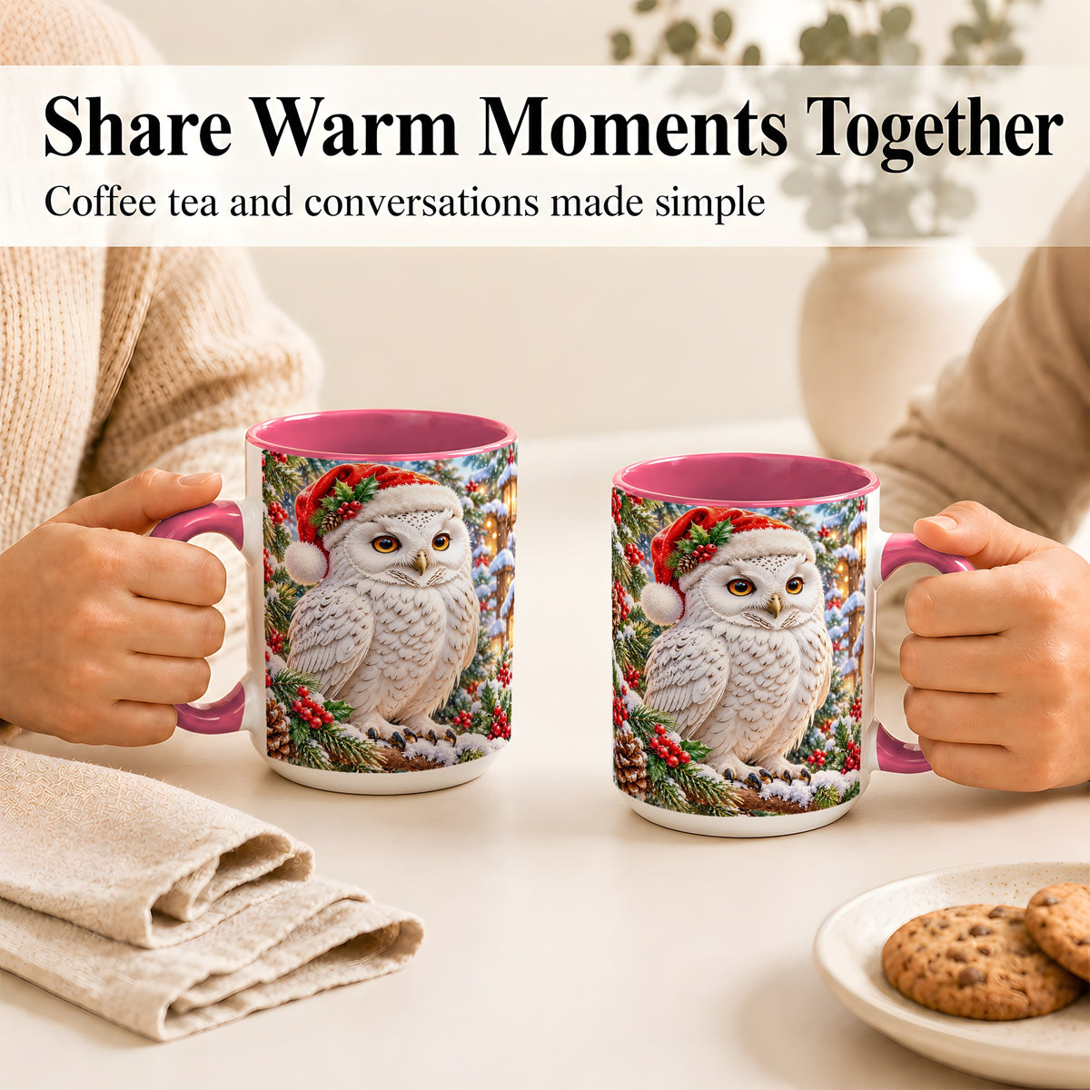#pl[15oz|Pink] Snowy Village Owl Coffee Mug, Christmas Owl Mug, Ceramic Cup