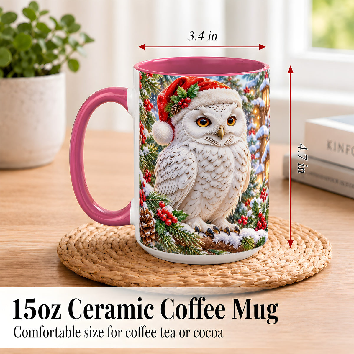 #pl[15oz|Pink] Snowy Village Owl Coffee Mug, Christmas Owl Mug, Ceramic Cup