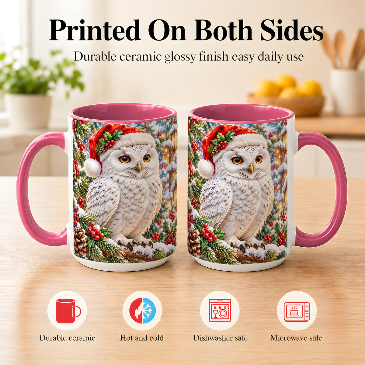 #pl[15oz|Pink] Snowy Village Owl Coffee Mug, Christmas Owl Mug, Ceramic Cup