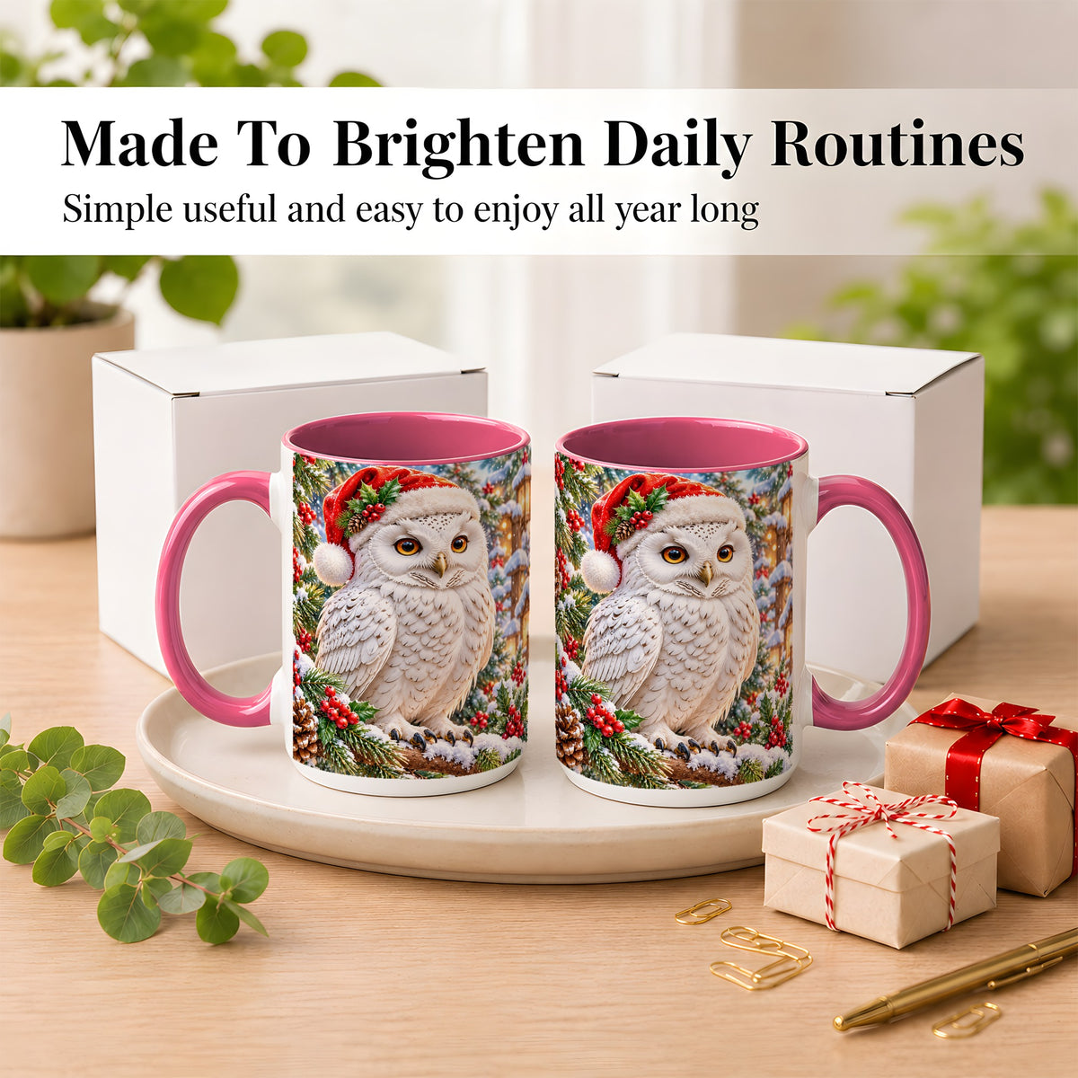#pl[15oz|Pink] Snowy Village Owl Coffee Mug, Christmas Owl Mug, Ceramic Cup