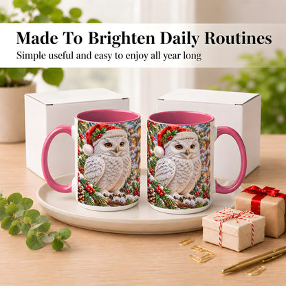 #pl[15oz|Pink] Snowy Village Owl Coffee Mug, Christmas Owl Mug, Ceramic Cup