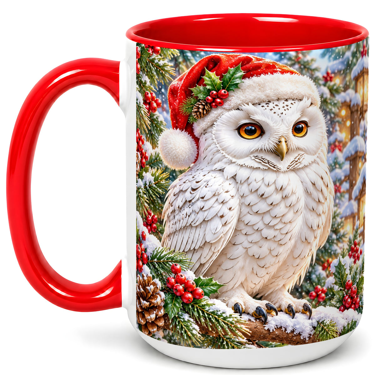 #pl[15oz|Red] Snowy Village Owl Coffee Mug, Christmas Owl Mug, Ceramic Cup