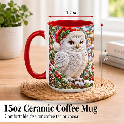 #pl[15oz|Red] Snowy Village Owl Coffee Mug, Christmas Owl Mug, Ceramic Cup