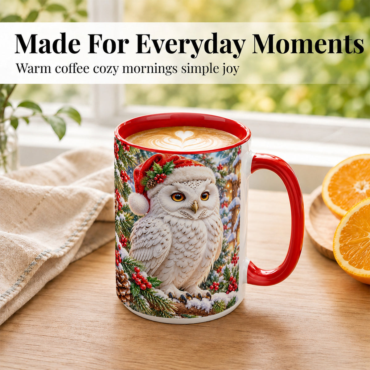 #pl[15oz|Red] Snowy Village Owl Coffee Mug, Christmas Owl Mug, Ceramic Cup