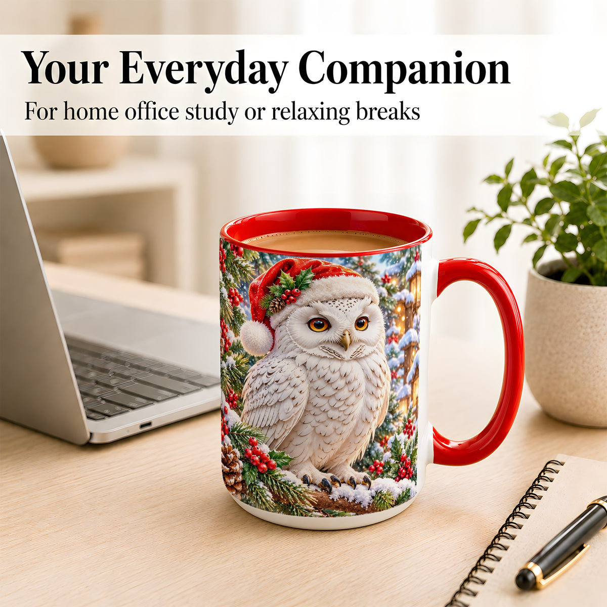 #pl[15oz|Red] Snowy Village Owl Coffee Mug, Christmas Owl Mug, Ceramic Cup