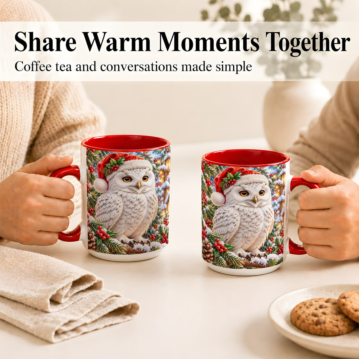 #pl[15oz|Red] Snowy Village Owl Coffee Mug, Christmas Owl Mug, Ceramic Cup