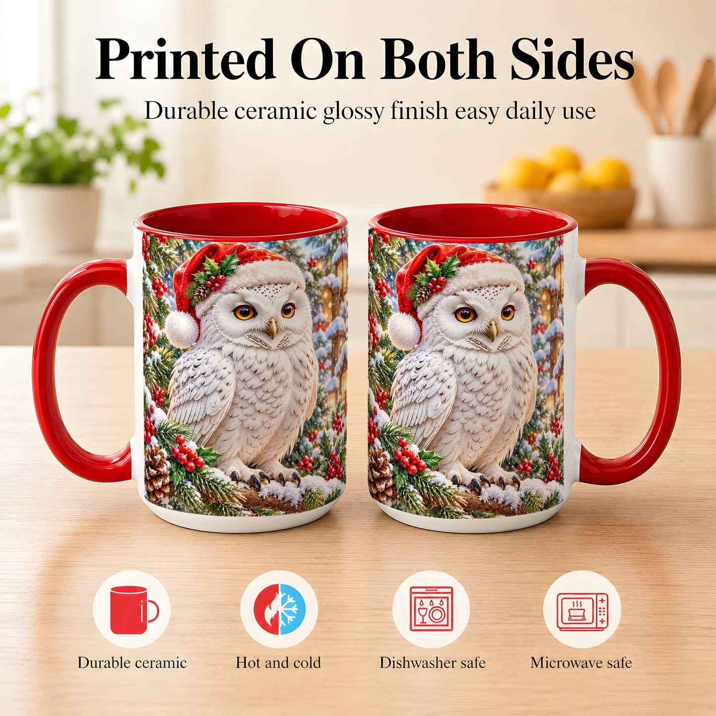 #pl[15oz|Red] Snowy Village Owl Coffee Mug, Christmas Owl Mug, Ceramic Cup