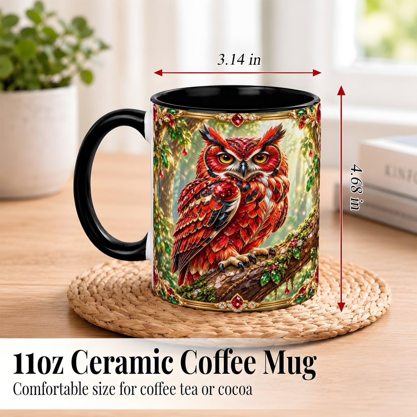 #pl[11oz|Black] Red Gem Owl Coffee Mug, Gemstone Style Owl Mug, Ceramic Cup