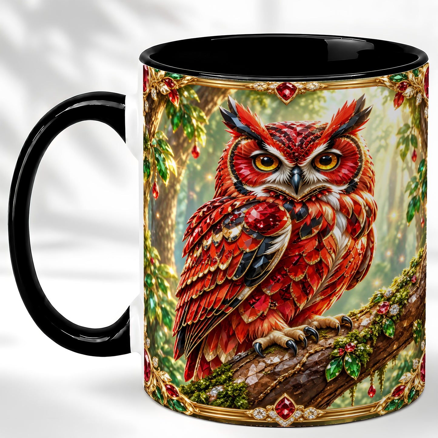 #pl[11oz|Black] Red Gem Owl Coffee Mug, Gemstone Style Owl Mug, Ceramic Cup