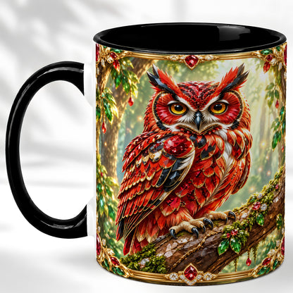 #pl[11oz|Black] Red Gem Owl Coffee Mug, Gemstone Style Owl Mug, Ceramic Cup