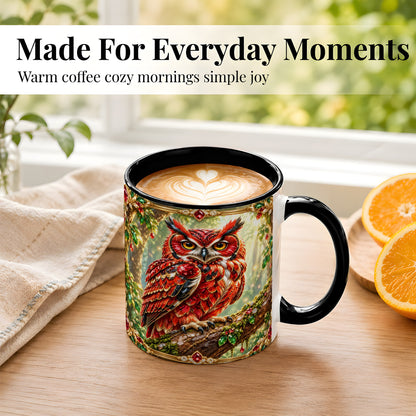 #pl[11oz|Black] Red Gem Owl Coffee Mug, Gemstone Style Owl Mug, Ceramic Cup
