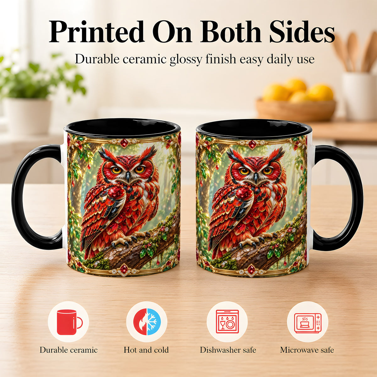#pl[11oz|Black] Red Gem Owl Coffee Mug, Gemstone Style Owl Mug, Ceramic Cup