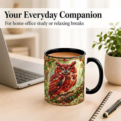 #pl[11oz|Black] Red Gem Owl Coffee Mug, Gemstone Style Owl Mug, Ceramic Cup