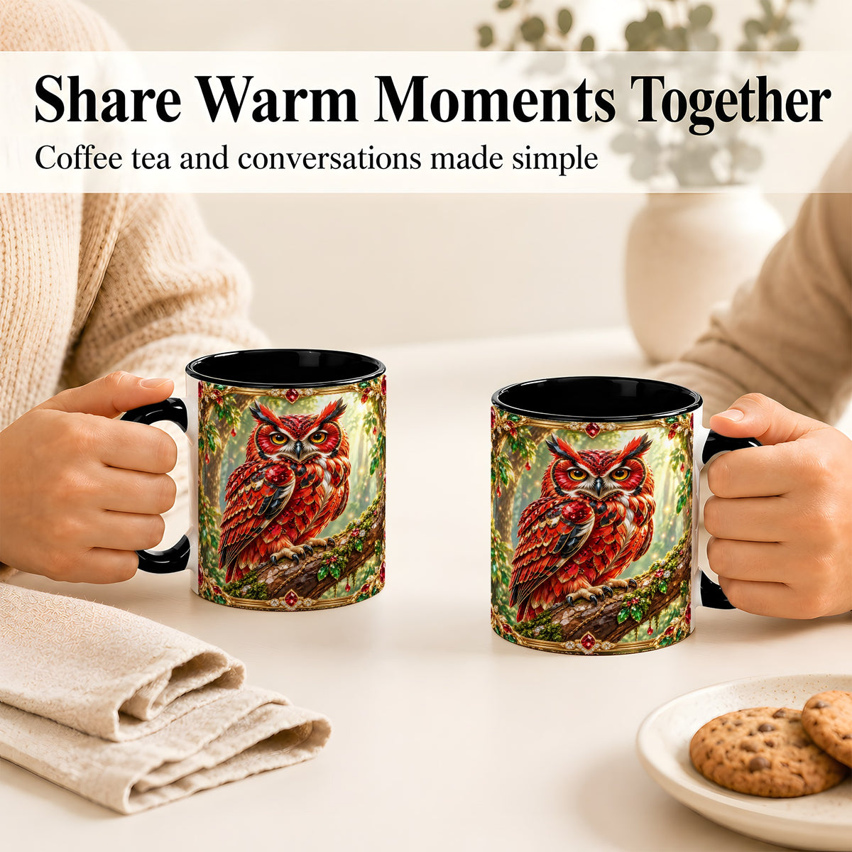 #pl[11oz|Black] Red Gem Owl Coffee Mug, Gemstone Style Owl Mug, Ceramic Cup