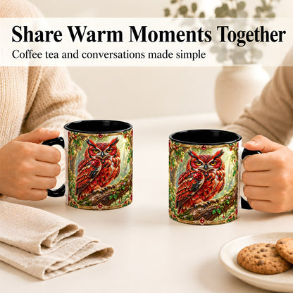 #pl[11oz|Black] Red Gem Owl Coffee Mug, Gemstone Style Owl Mug, Ceramic Cup