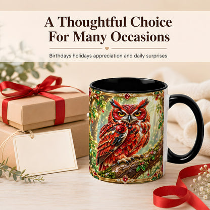 #pl[11oz|Black] Red Gem Owl Coffee Mug, Gemstone Style Owl Mug, Ceramic Cup