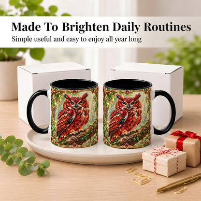 #pl[11oz|Black] Red Gem Owl Coffee Mug, Gemstone Style Owl Mug, Ceramic Cup