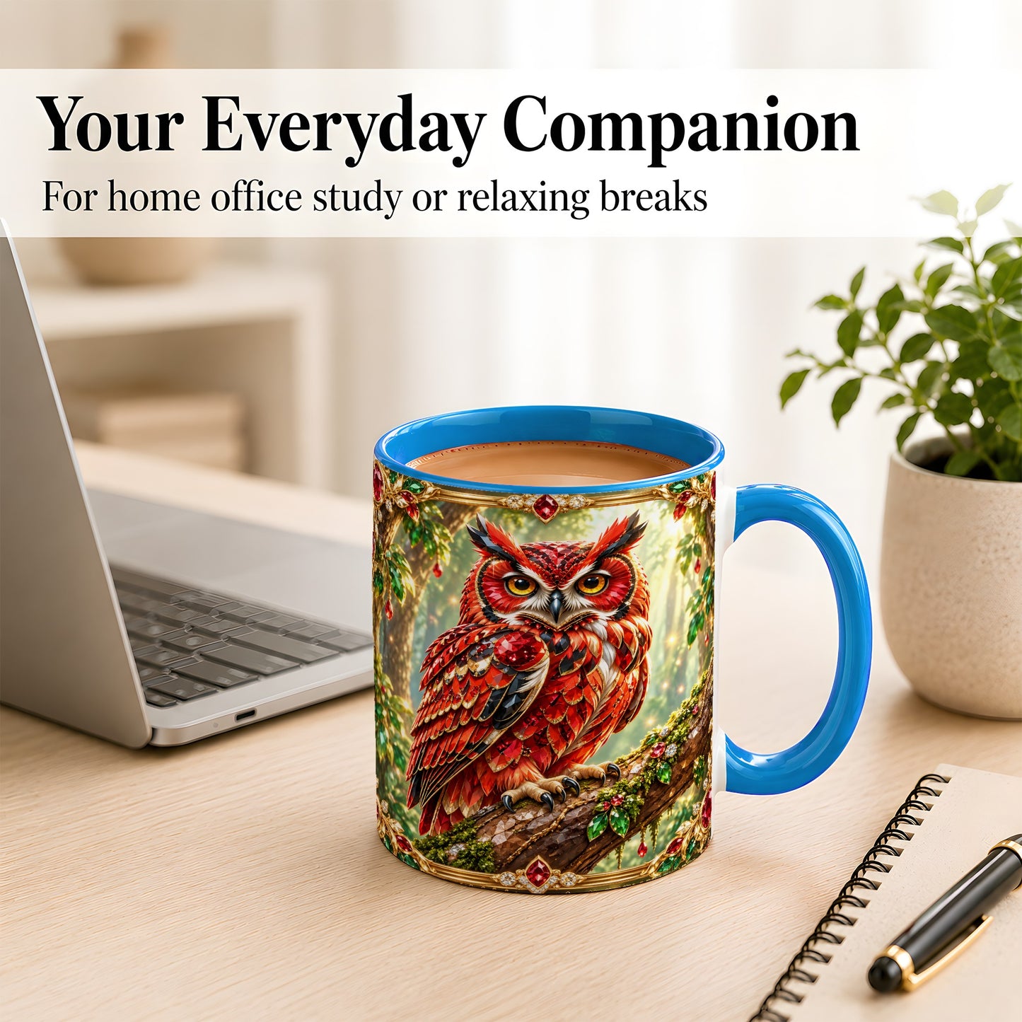 #pl[11oz|Blue] Red Gem Owl Coffee Mug, Gemstone Style Owl Mug, Ceramic Cup
