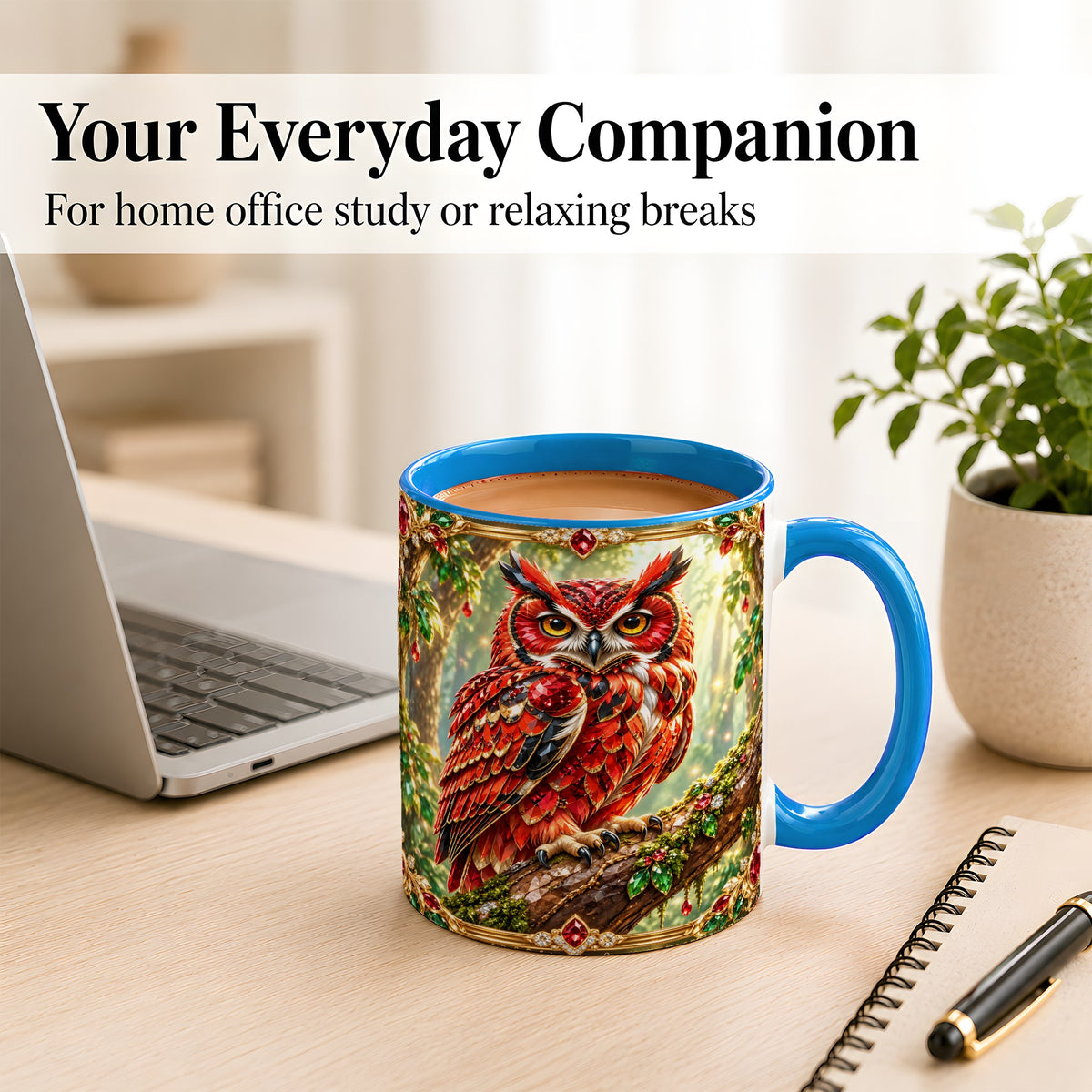 #pl[11oz|Blue] Red Gem Owl Coffee Mug, Gemstone Style Owl Mug, Ceramic Cup