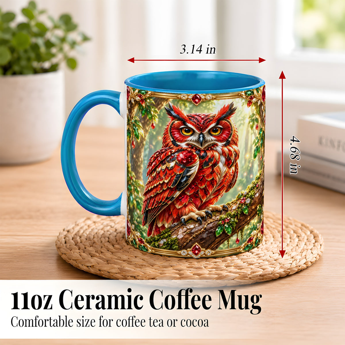 #pl[11oz|Blue] Red Gem Owl Coffee Mug, Gemstone Style Owl Mug, Ceramic Cup