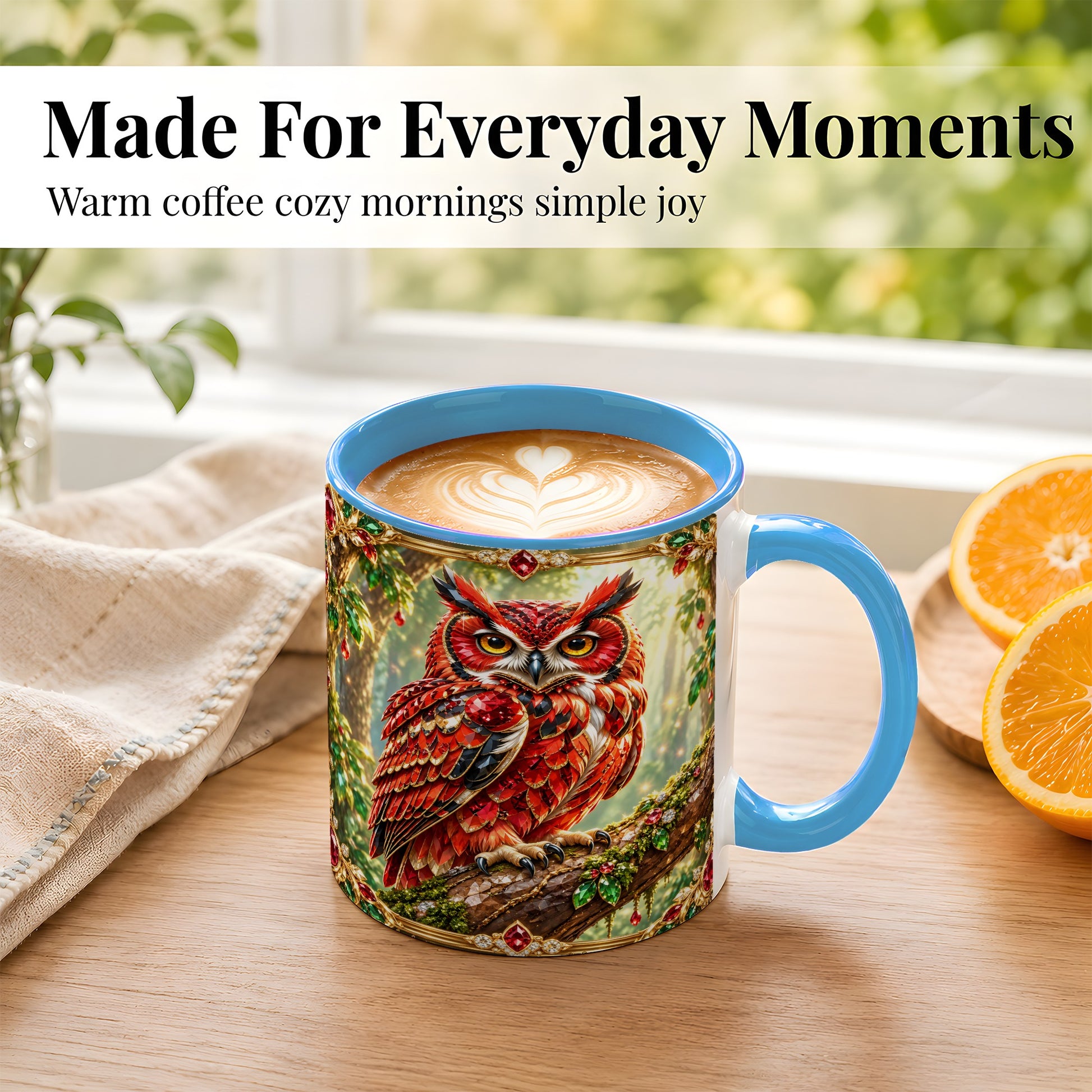 #pl[11oz|Blue] Red Gem Owl Coffee Mug, Gemstone Style Owl Mug, Ceramic Cup