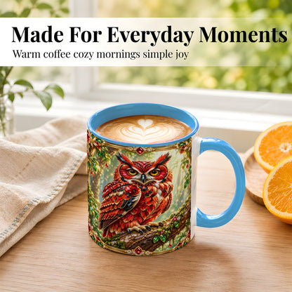 #pl[11oz|Blue] Red Gem Owl Coffee Mug, Gemstone Style Owl Mug, Ceramic Cup