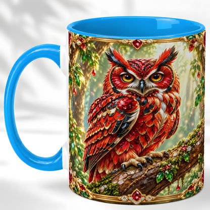 #pl[11oz|Blue] Red Gem Owl Coffee Mug, Gemstone Style Owl Mug, Ceramic Cup