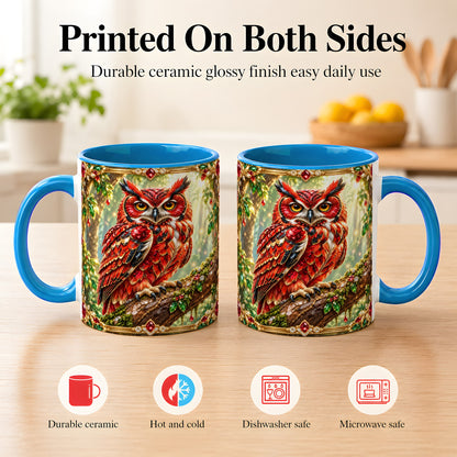 #pl[11oz|Blue] Red Gem Owl Coffee Mug, Gemstone Style Owl Mug, Ceramic Cup