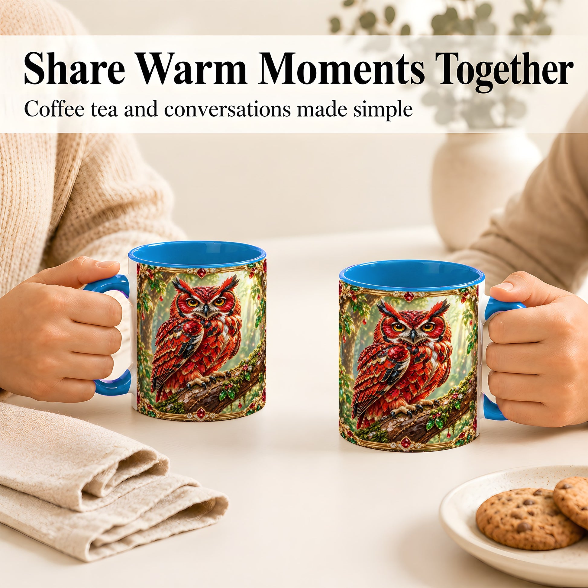 #pl[11oz|Blue] Red Gem Owl Coffee Mug, Gemstone Style Owl Mug, Ceramic Cup