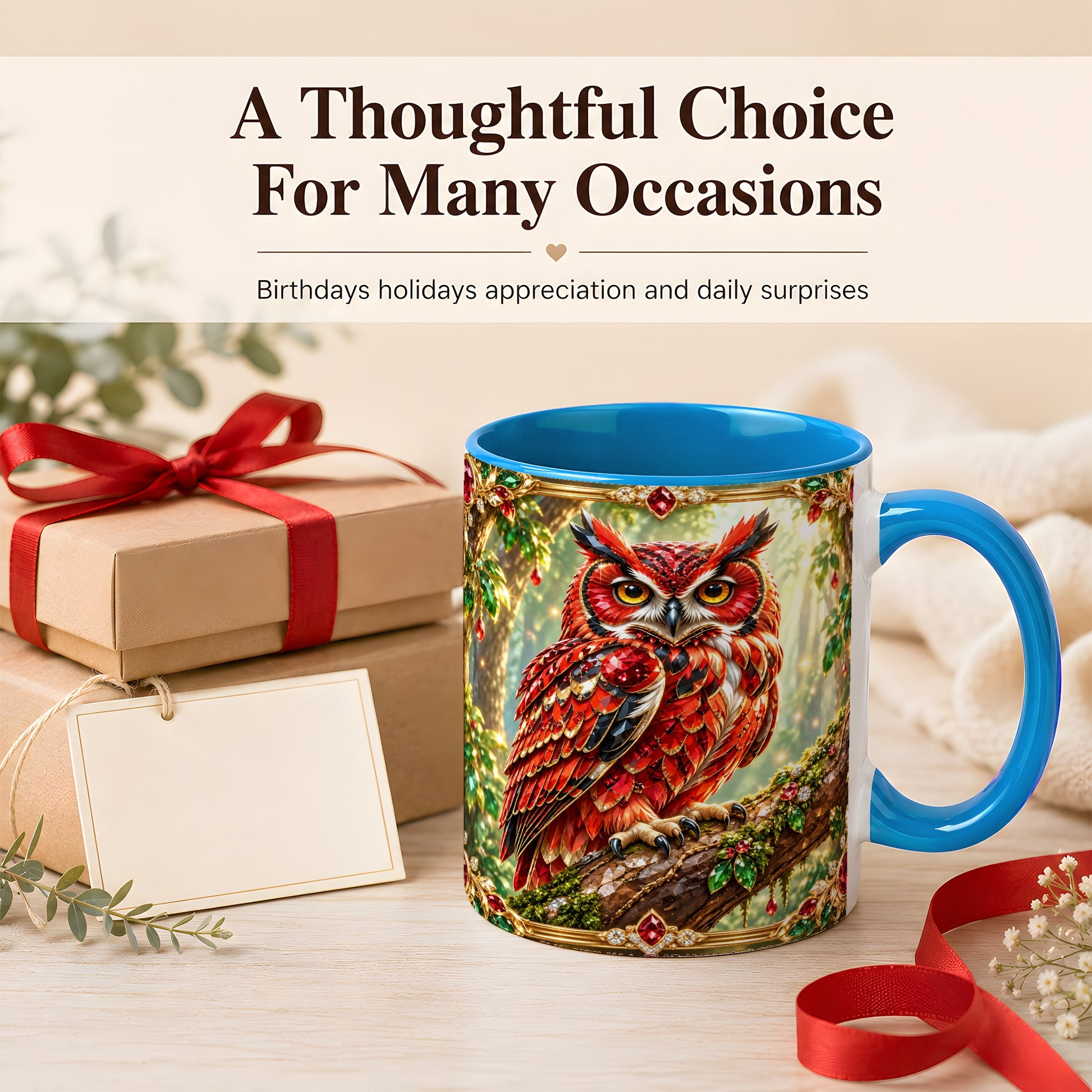 #pl[11oz|Blue] Red Gem Owl Coffee Mug, Gemstone Style Owl Mug, Ceramic Cup