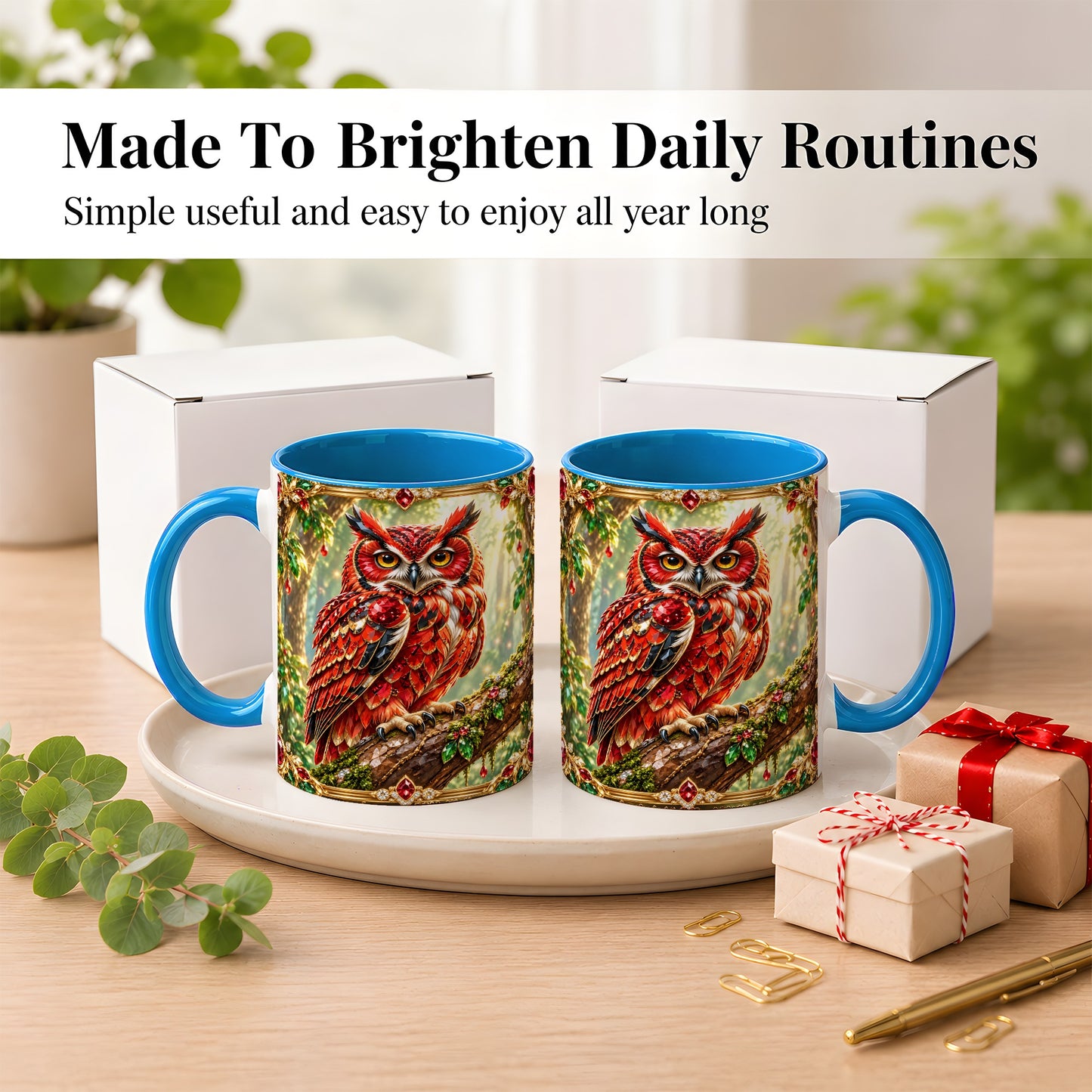 #pl[11oz|Blue] Red Gem Owl Coffee Mug, Gemstone Style Owl Mug, Ceramic Cup