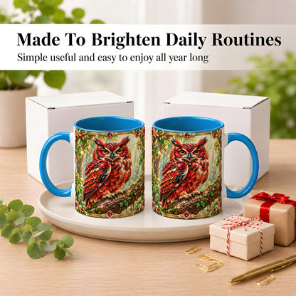 #pl[11oz|Blue] Red Gem Owl Coffee Mug, Gemstone Style Owl Mug, Ceramic Cup