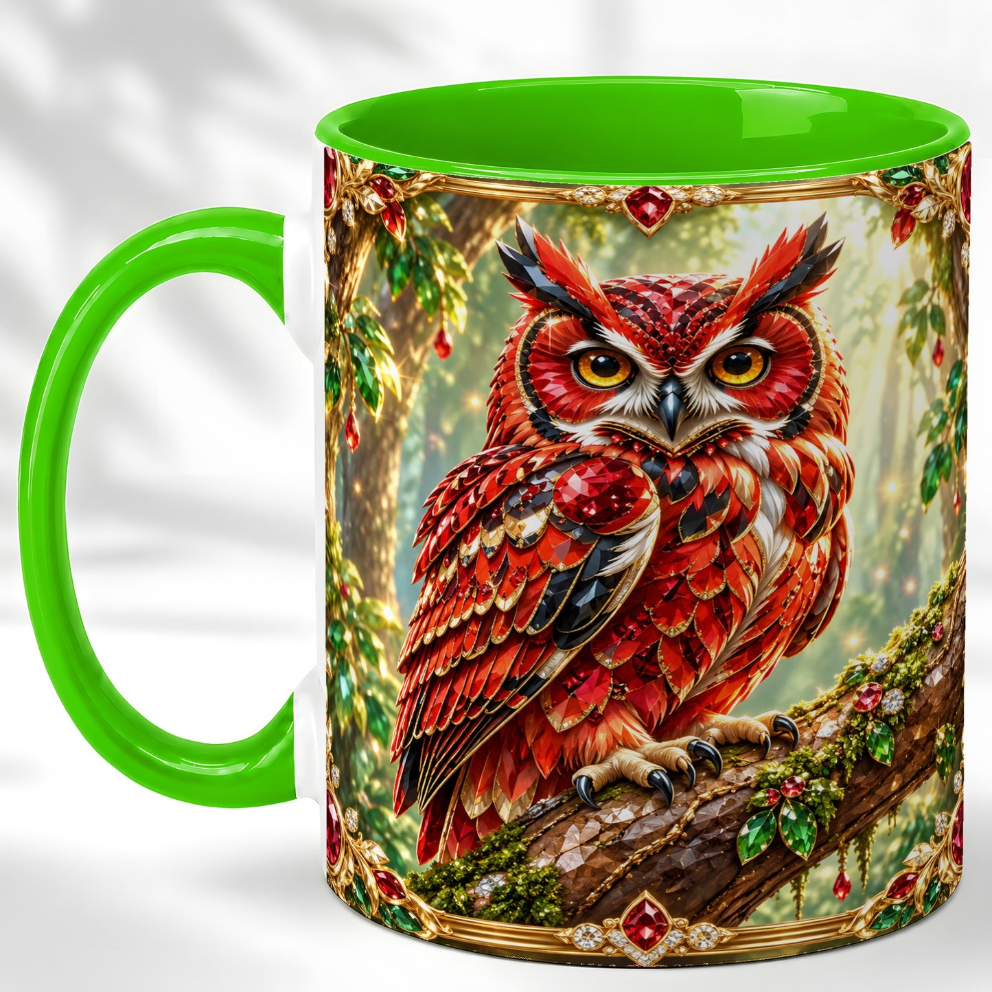 #pl[11oz|Green] Red Gem Owl Coffee Mug, Gemstone Style Owl Mug, Ceramic Cup