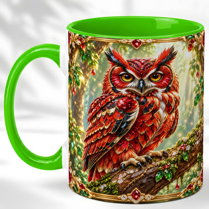 #pl[11oz|Green] Red Gem Owl Coffee Mug, Gemstone Style Owl Mug, Ceramic Cup