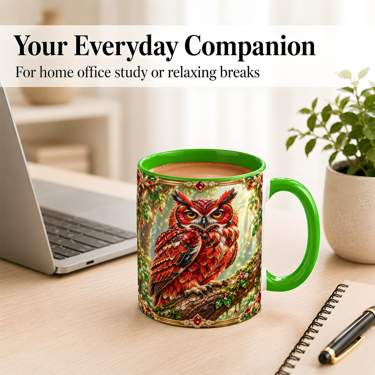 #pl[11oz|Green] Red Gem Owl Coffee Mug, Gemstone Style Owl Mug, Ceramic Cup
