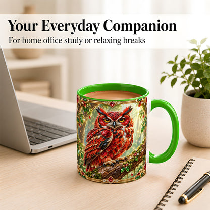 #pl[11oz|Green] Red Gem Owl Coffee Mug, Gemstone Style Owl Mug, Ceramic Cup