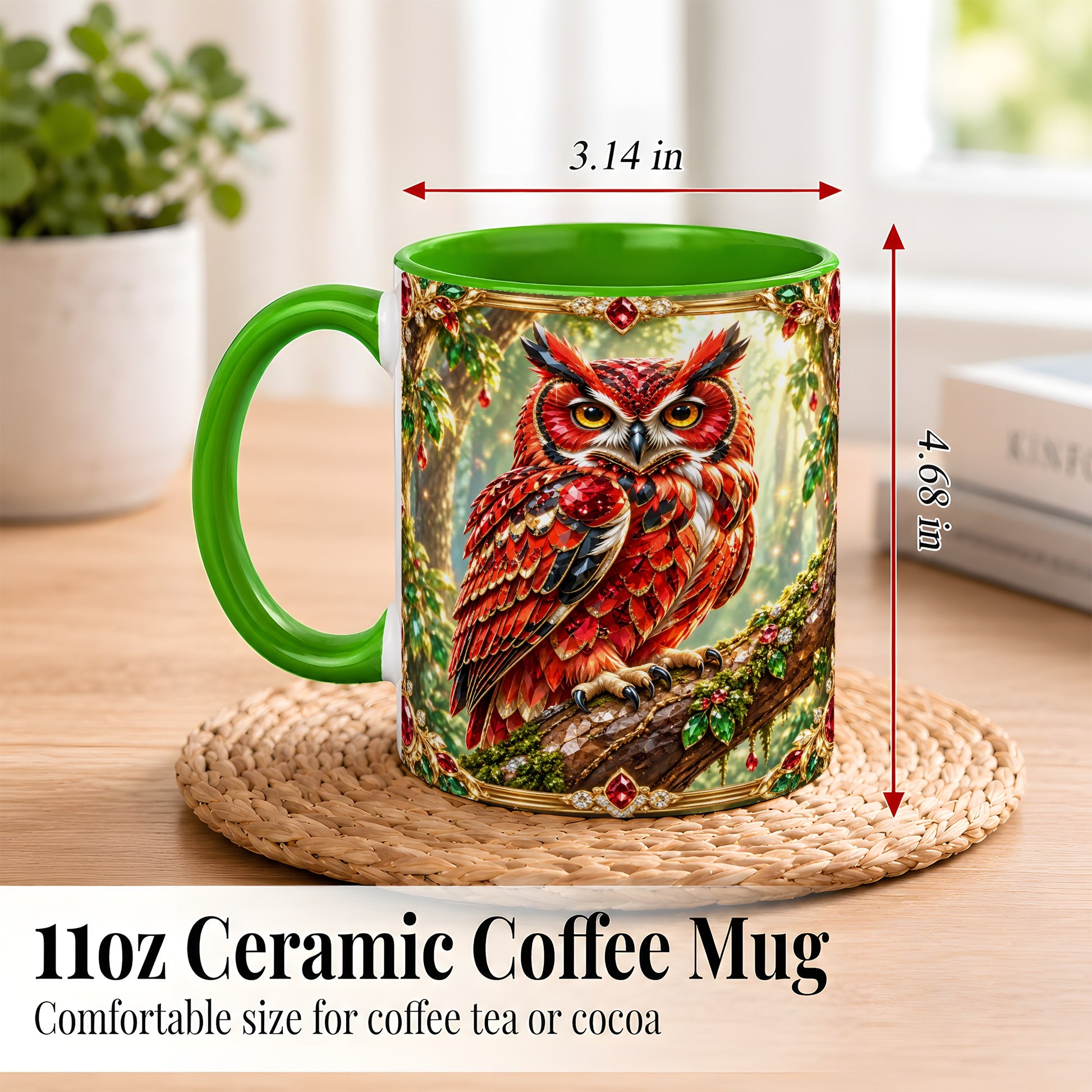 #pl[11oz|Green] Red Gem Owl Coffee Mug, Gemstone Style Owl Mug, Ceramic Cup