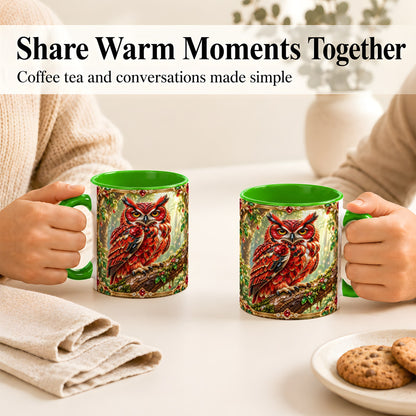 #pl[11oz|Green] Red Gem Owl Coffee Mug, Gemstone Style Owl Mug, Ceramic Cup